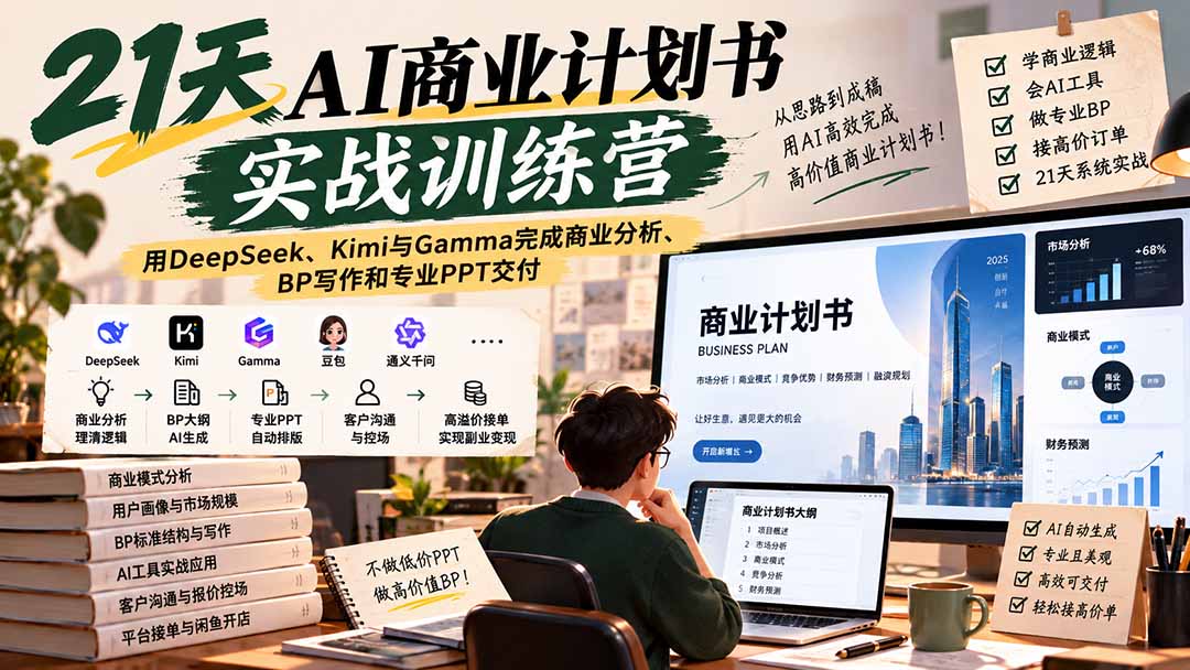 【无水印】21天AI商业计划书实战训练营：用DeepSeek、Kimi与Gamma完成商业分析、BP写作和专业PPT交付-源创文化