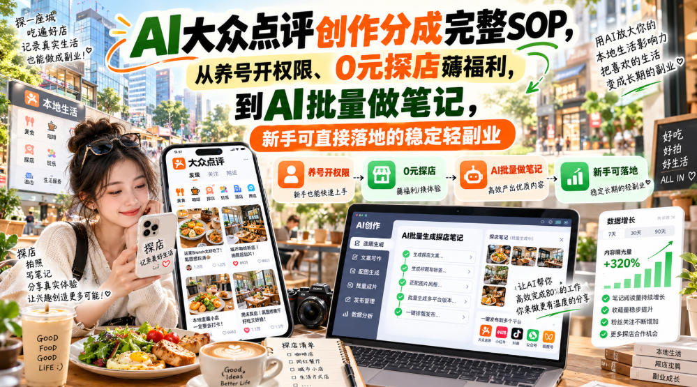 【无水印】AI大众点评创作分成完整SOP，从养号开权限、0元探店薅福利，到AI批量做笔记，新手可直接落地的稳定轻副业-源创文化