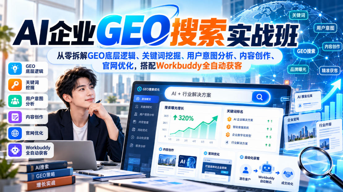 AI企业GEO搜索实战班，从零拆解GEO底层逻辑、关键词挖掘、用户意图分析、内容创作、官网优化，搭配Workbuddy全自动获客-源创文化