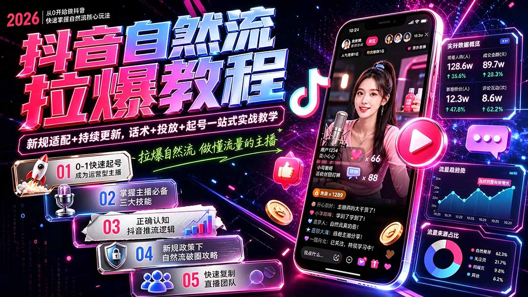 抖音自然流拉爆教程-更新9月：做懂流量的主播，新规适配+持续更新，话术+投放+起号一站式实战教学-源创文化