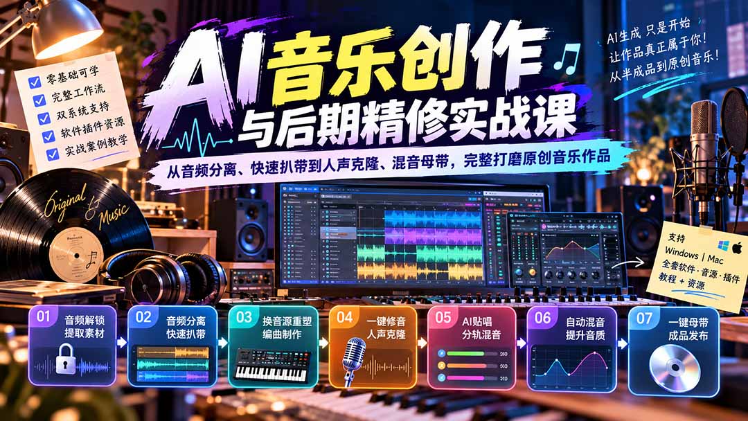 AI音乐创作与后期精修实战课：从音频分离、快速扒带到人声克隆、混音母带，完整打磨原创音乐作品-源创文化
