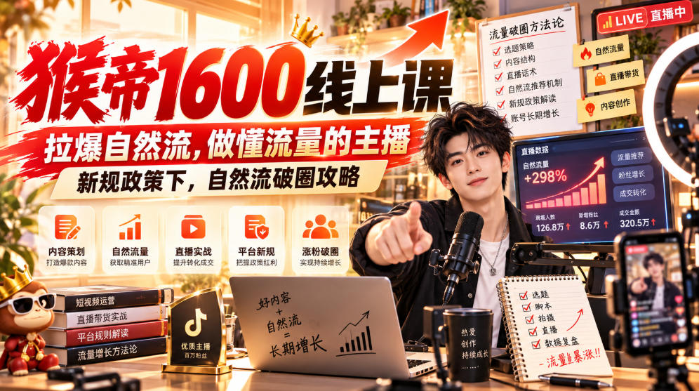 猴帝1600线上课，拉爆自然流，做懂流量的主播，新规政策下，自然流破圈攻略【更新260926】-源创文化