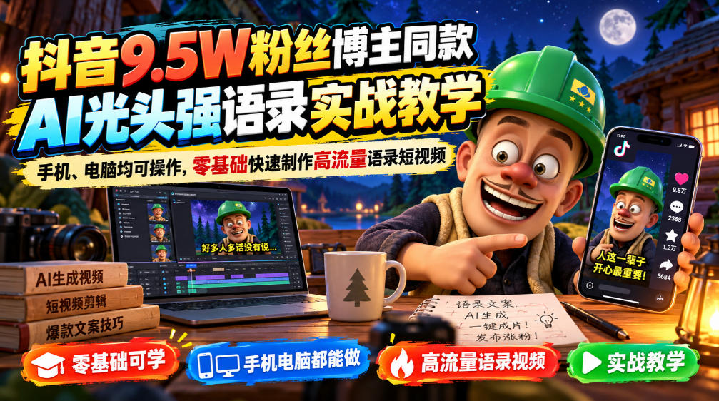 抖音9.5W粉丝博主同款AI光头强语录实战教学，手机、电脑均可操作，零基础快速制作高流量语录短视频-源创文化