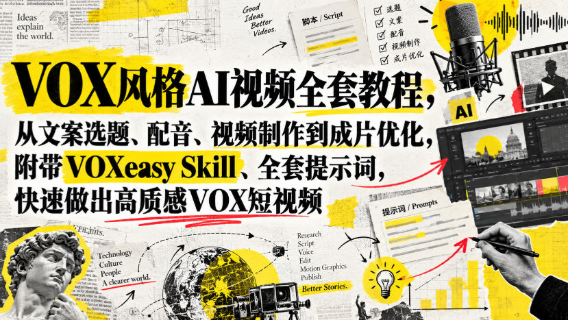 VOX风格AI视频全套教程,从文案选题、配音、视频制作到成片优化,附带VOXeasy Skill、全套提示词,快速做出高质感VOX短视频-源创文化
