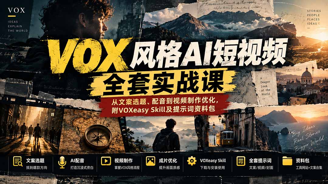 【无水印】VOX风格AI短视频全套实战课:从文案选题、配音到视频制作优化,附VOXeasy Skill及提示词资料包-源创文化