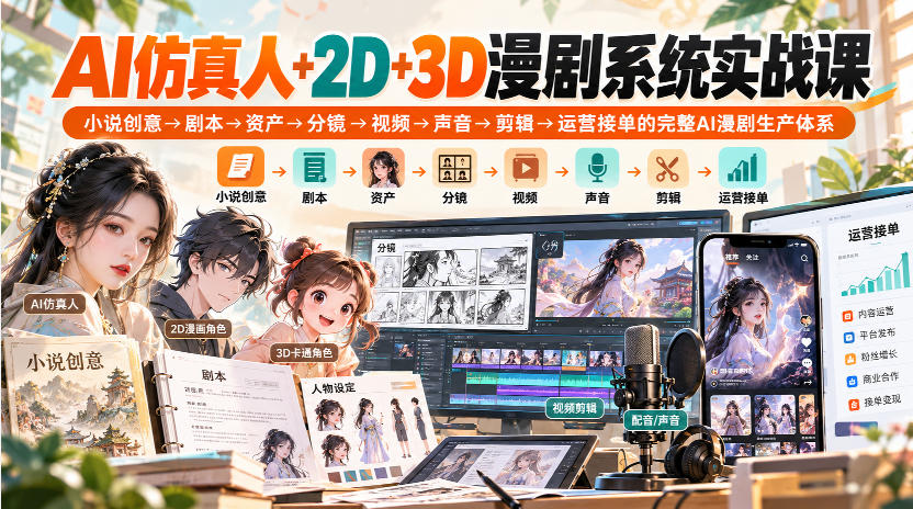 【无水印】AI仿真人+2D+3D漫剧系统实战课,小说创意→剧本→资产→分镜→视频→声音→剪辑→运营接单的完整AI漫剧生产体系-源创文化
