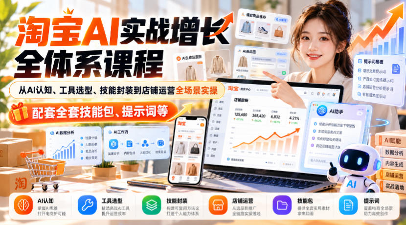 淘宝AI实战增长全体系课程，从AI认知、工具选型、技能封装到店铺运营全场景实操，配套全套技能包、提示词等-源创文化