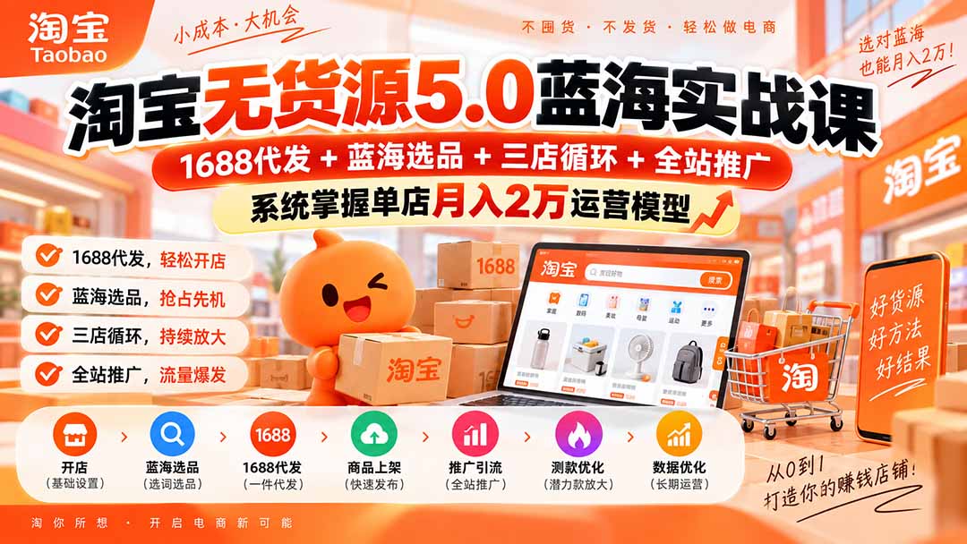 淘宝无货源5.0蓝海实战课-更新0927：1688代发+蓝海选品+三店循环+全站推广，系统掌握单店月入2万运营模型-源创文化