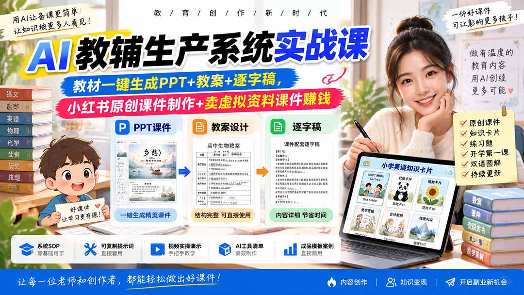 AI教辅生产系统实战课-更新0926|教材一键生成PPT+教案+逐字稿,小红书原创课件制作+卖虚拟资料课件赚钱-源创文化