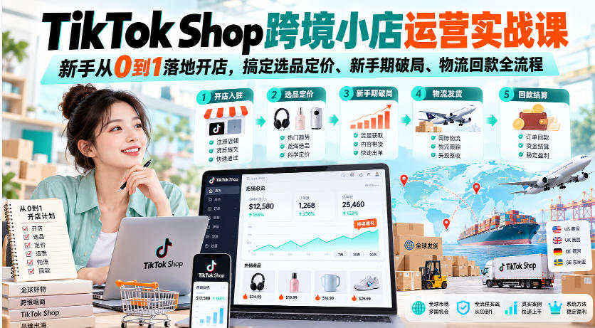 TikTok Shop跨境小店运营实战课,新手从0到1落地开店,搞定选品定价、新手期破局、物流回款全流程-源创文化