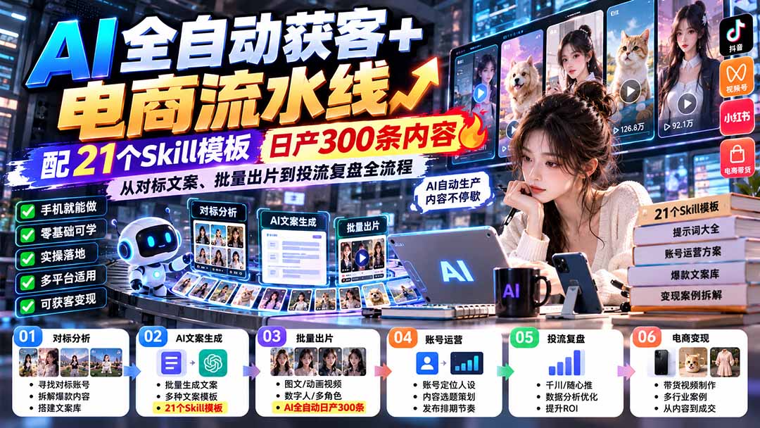 【无水印】AI全自动获客+电商流水线:配21个Skill模板,日产300条内容,从对标文案、批量出片到投流复盘全流程-源创文化