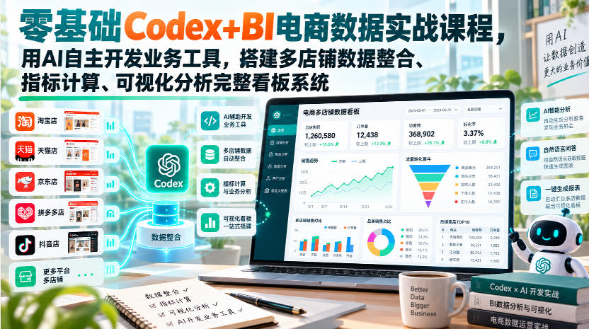 零基础Codex+BI电商数据实战课程,用AI自主开发业务工具,搭建多店铺数据整合、指标计算、可视化分析完整看板系统-源创文化