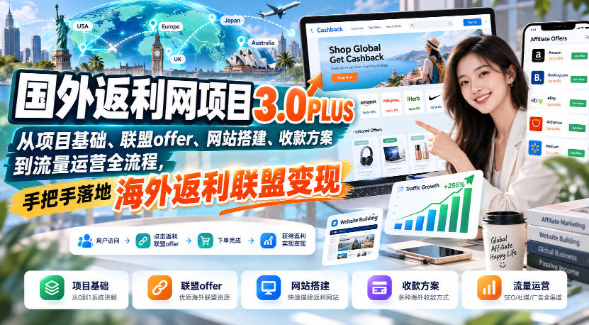 国外返利网项目3.0PLUS，从项目基础、联盟offer、网站搭建、收款方案到流量运营全流程，手把手落地海外返利联盟变现-源创文化