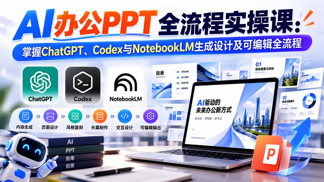 【无水印】AI办公PPT全流程实操课: 掌握ChatGPT、Codex与NotebookLM生成设计及可编辑全流程-源创文化