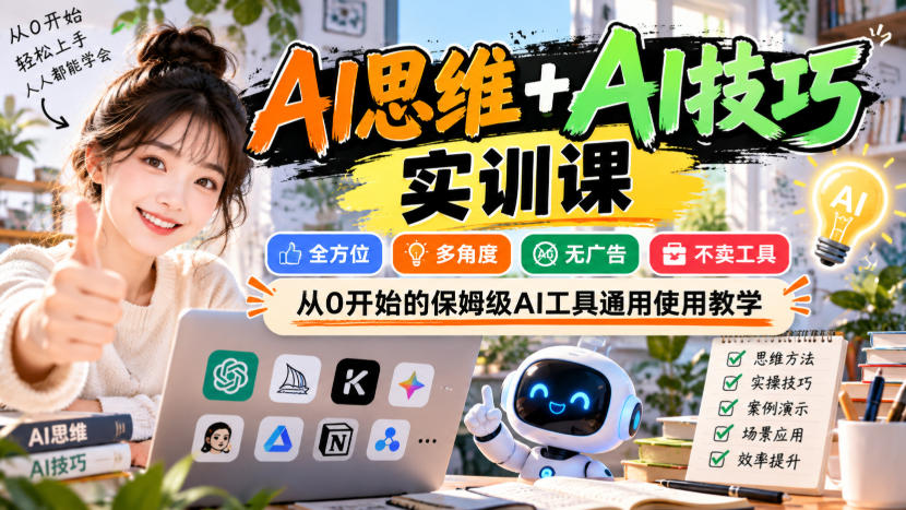 【无水印】AI思维+AI技巧实训课，全方位、多角度、无广告、不卖工具，从0开始的保姆级AI工具通用使用教学-源创文化
