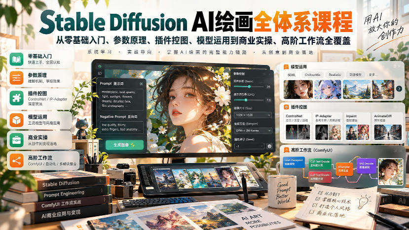 【无水印】Stable Diffusion AI绘画全体系课程，从零基础入门、参数原理、插件控图、模型运用到商业实操、高阶工作流全覆盖-源创文化