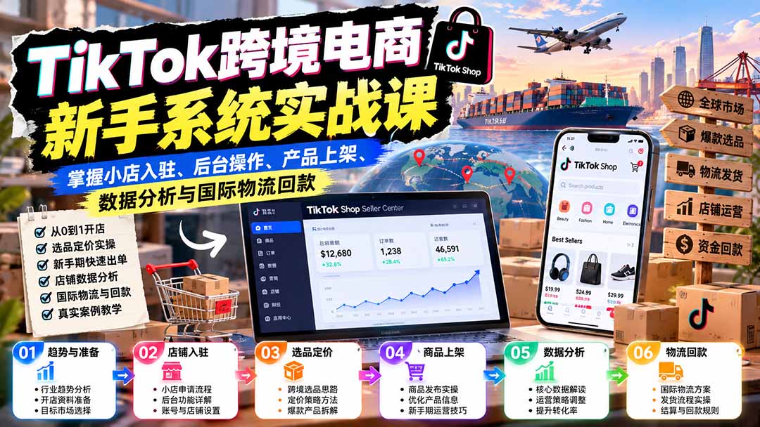 TikTok跨境电商新手系统实战课：掌握小店入驻、后台操作、产品上架、数据分析与国际物流回款-源创文化