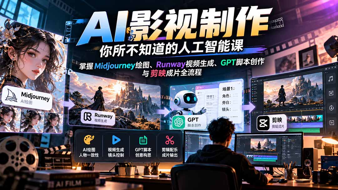 【无水印】AI影视制作-你所不知道的人工智能课,掌握Midjourney绘图、Runway视频生成、GPT脚本创作与剪映成片全流程-源创文化