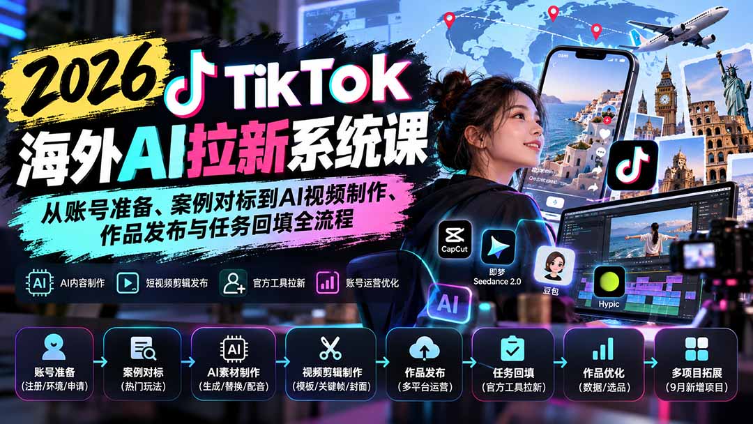 【无水印】2026 TikTok海外AI拉新系统课：从账号准备、案例对标到AI视频制作、作品发布与任务回填全流程-源创文化
