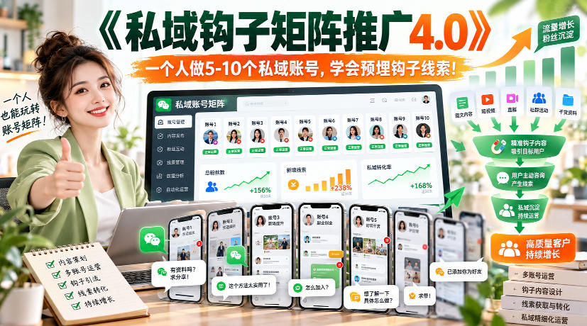 【无水印】《私域钩子矩阵推广4.0》一个人做5-10个私域账号，学会预埋钩子线索！-源创文化