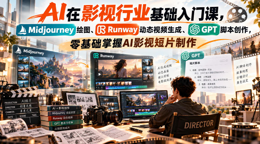【无水印】AI在影视行业基础入门课，Midjourney绘图、Runway动态视频生成、GPT脚本创作，零基础掌握AI影视短片制作-源创文化