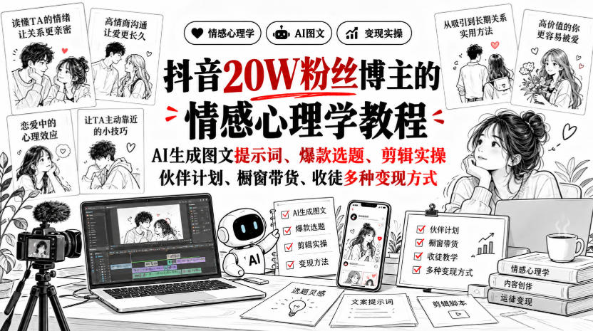 抖音20W粉丝博主静候心声的情感心理学教程,AI生成图文提示词、爆款选题、剪辑实操,伙伴计划、橱窗带货、收徒多种变现方式-源创文化