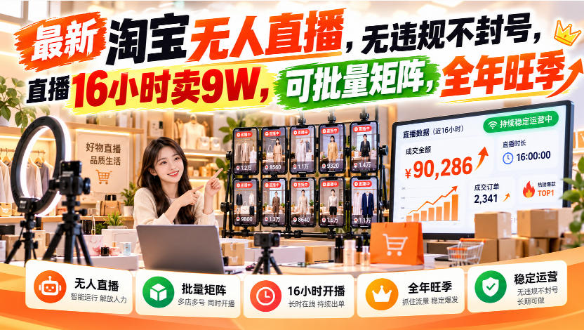 最新淘宝无人直播，无违规不封号，直播16小时卖9W，可批量矩阵，全年旺季【揭秘】-源创文化