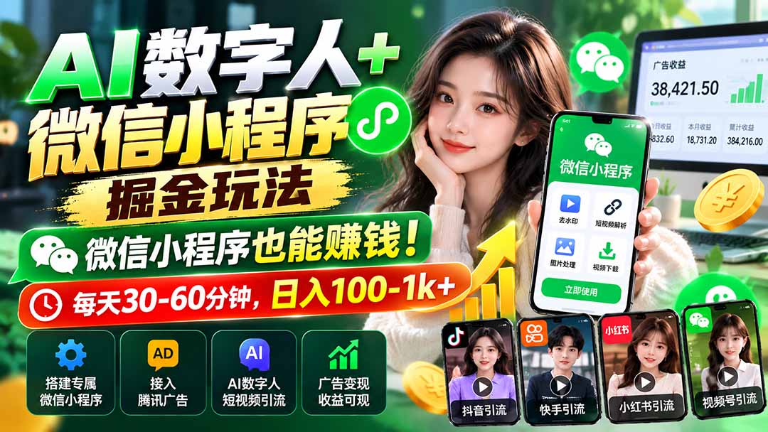 AI数字人+微信小程序掘金玩法:微信小程序也能赚钱!每天30-60分钟,日入100-1k+-源创文化
