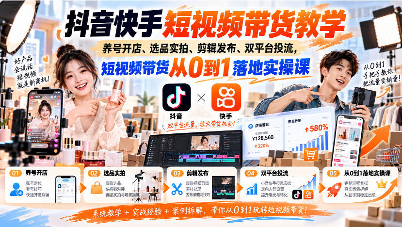抖音快手短视频带货教学|养号开店、选品实拍、剪辑发布、双平台投流,短视频带货从0到1落地实操课-源创文化