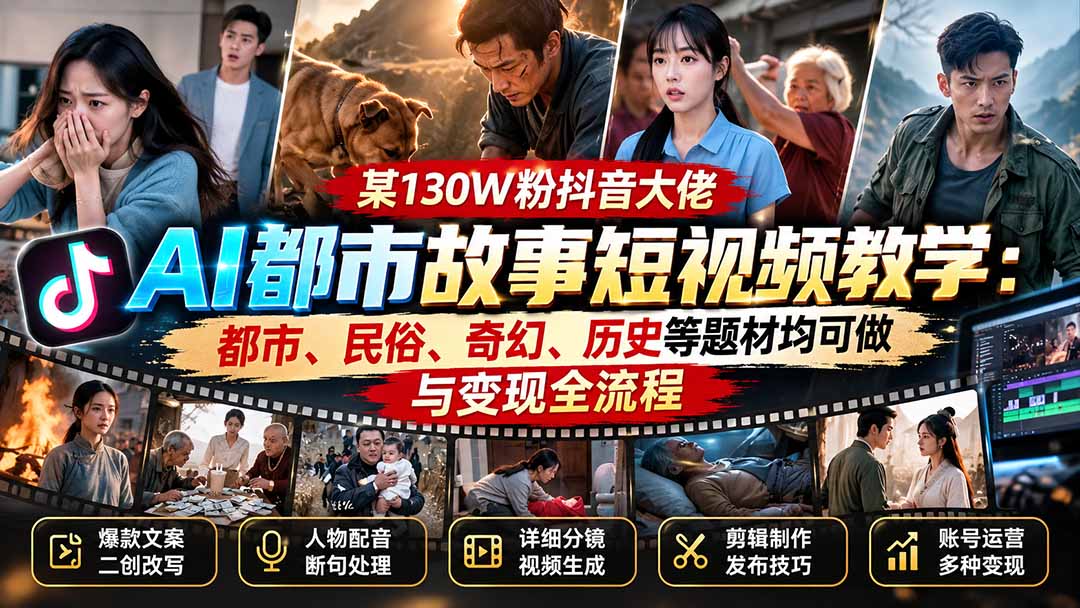 某130W粉抖音大佬AI都市故事短视频教学:都市、民俗、奇幻、历史等题材均可做与变现全流程-源创文化