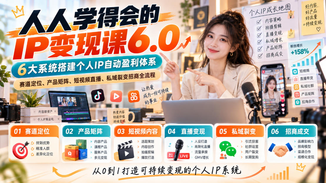 人人学得会的IP变现课6.0,6大系统搭建个人IP自动盈利体系,赛道定位、产品矩阵、短视频直播、私域裂变招商全流程-源创文化