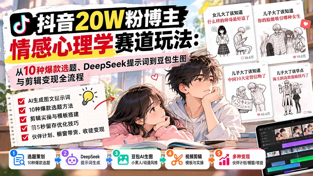 抖音20W粉博主-情感心理学赛道玩法:从10种爆款选题、DeepSeek提示词到豆包生图与剪辑变现全流程-源创文化