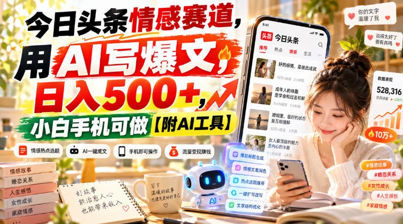 今日头条情感赛道,用AI写爆文,日入500+,小白手机可做【附AI工具】-源创文化