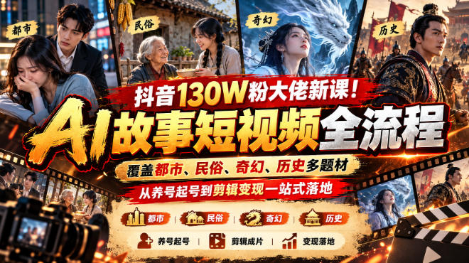 抖音130W粉大佬新课!AI故事短视频全流程,覆盖都市、民俗、奇幻、历史多题材,从养号起号到剪辑变现一站式落地-源创文化