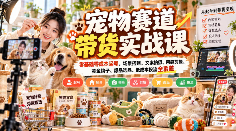 宠物赛道带货实战课,零基础零成本起号,场景搭建、文案拍摄、网感剪辑、黄金钩子、爆品选品、低成本投流全覆盖-源创文化