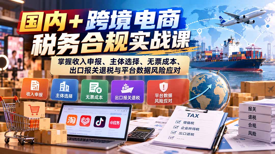 国内+跨境电商税务合规实战课:掌握收入申报、主体选择、无票成本、出口报关退税与平台数据风险应对-源创文化