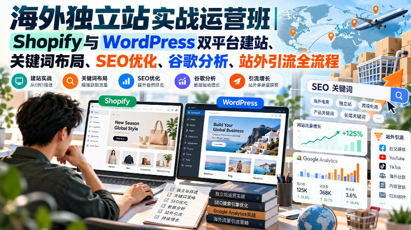 海外独立站实战运营班|Shopify与WordPress双平台建站、关键词布局、SEO优化、谷歌分析、站外引流全流程-源创文化
