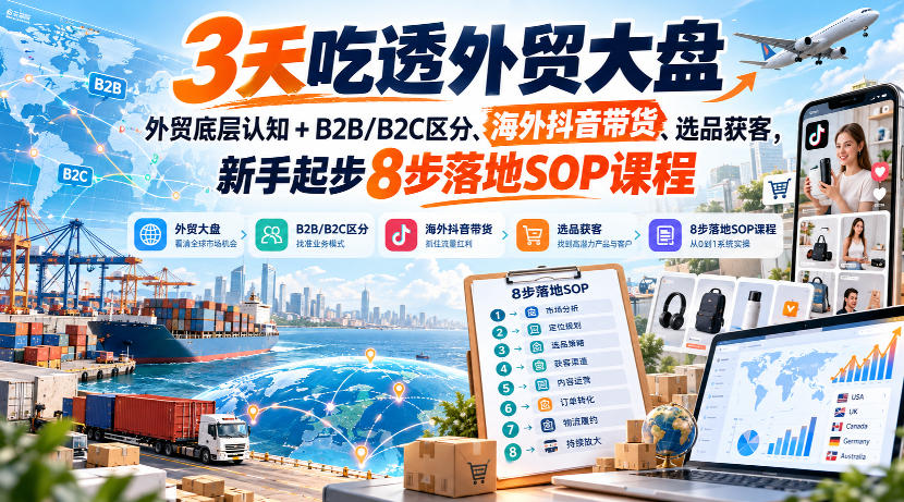 3天吃透外贸大盘,外贸底层认知+B2B/B2C区分、海外抖音带货、选品获客,新手起步8步落地SOP课程-源创文化