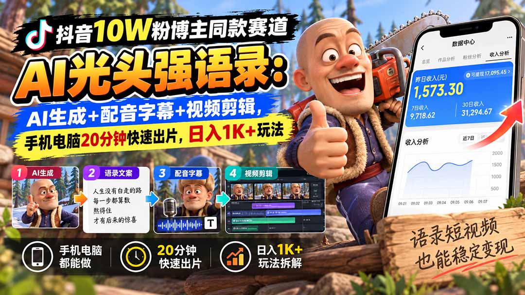 【无水印】抖音10W粉博主同款赛道AI光头强语录:AI生成+配音字幕+视频剪辑,手机电脑20分钟快速出片,日入1K+玩法-源创文化