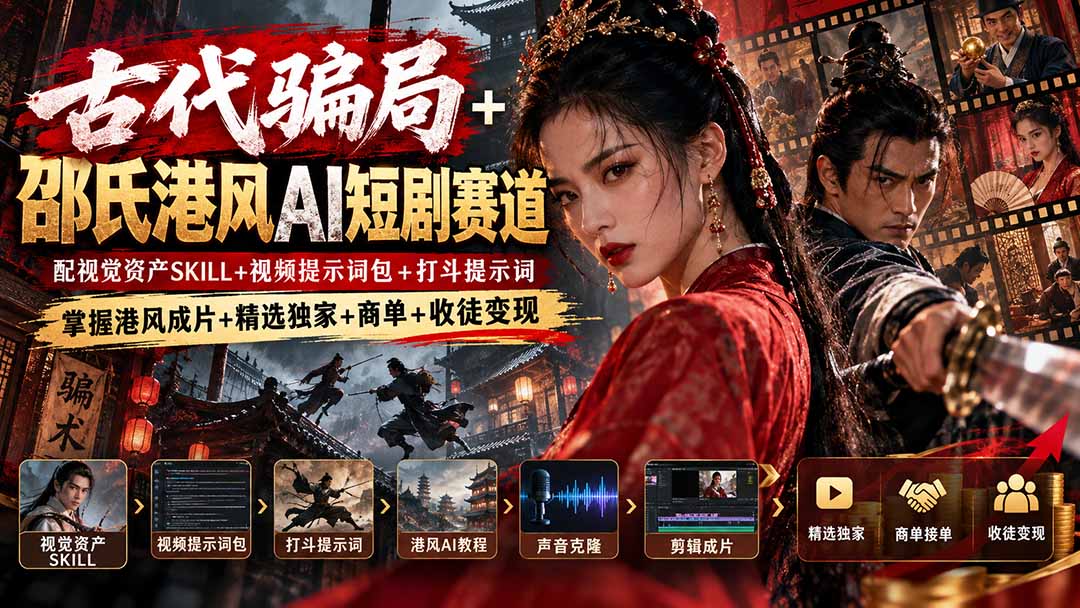 古代骗局+邵氏港风AI短剧赛道:配视觉资产SKILL+视频提示词包+打斗提示词,掌握港风成片+精选独家+商单+收徒变现-源创文化