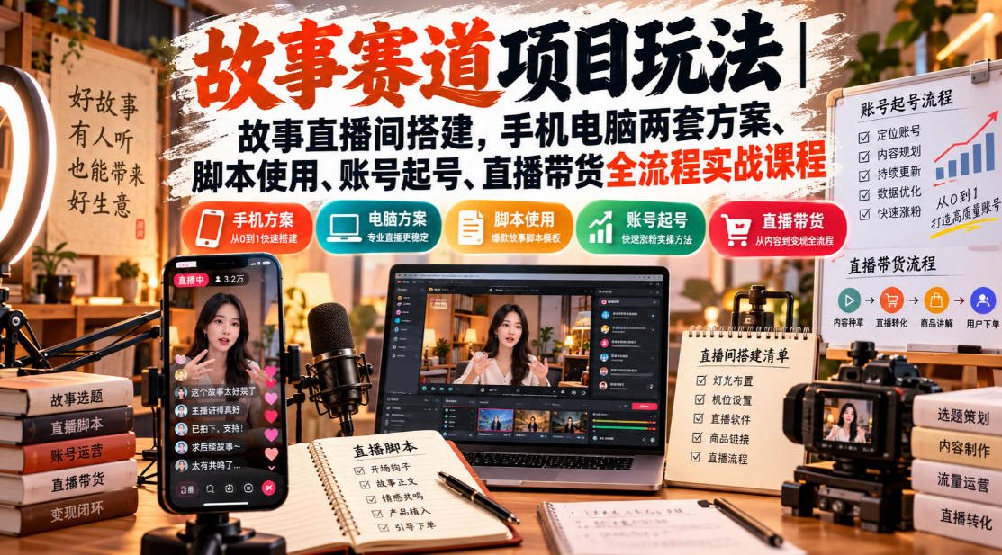 故事赛道项目玩法|故事直播间搭建,手机电脑两套方案、脚本使用、账号起号、直播带货全流程实战课程-源创文化
