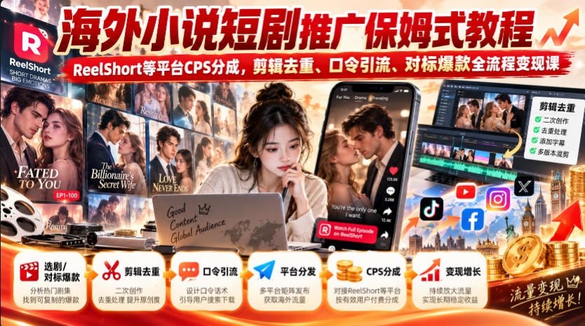 海外小说短剧推广保姆式教程|ReelShort等平台CPS分成,剪辑去重、口令引流、对标爆款全流程变现课-源创文化