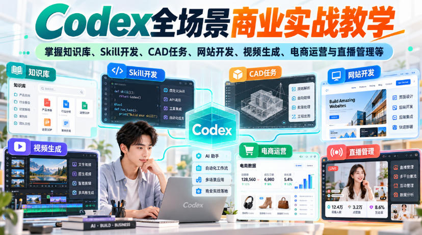 【无水印】Codex全场景商业实战教学,掌握知识库、Skill开发、CAD任务、网站开发、视频生成、电商运营与直播管理等-源创文化