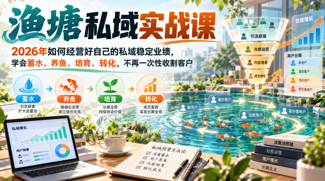 渔塘私域实战课,2026年如何经营好自己的私域稳定业绩,学会蓄水、养鱼、培育、转化,不再一次性收割客户-源创文化