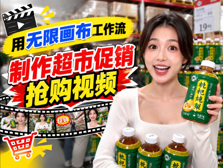 无限画布超市促销抢购视频工作流,一键产出TikTok抖音带货短视频-源创文化