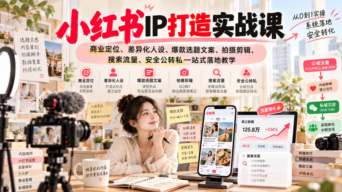 小红书ip打造实战课,商业定位、差异化人设、爆款选题文案、拍摄剪辑、搜索流量、安全公转私一站式落地教学-源创文化