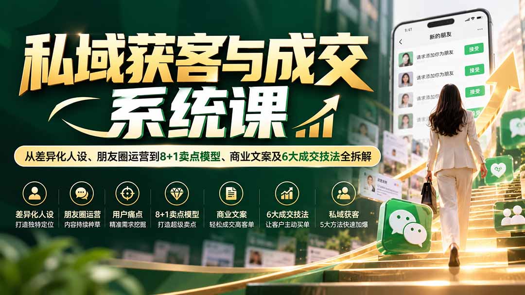 私域获客与成交系统课:从差异化人设、朋友圈运营到8+1卖点模型、商业文案及6大成交技法全拆解-源创文化