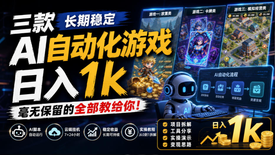 三款长期稳定AI自动化游戏,日入1k,毫无保留的全部教给你!【揭秘】-源创文化
