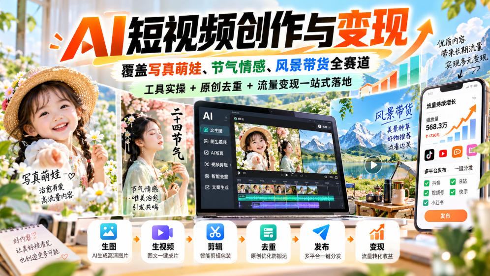 AI短视频创作与变现,覆盖写真萌娃、节气情感、风景带货全赛道,工具实操+原创去重+流量变现一站式落地-源创文化