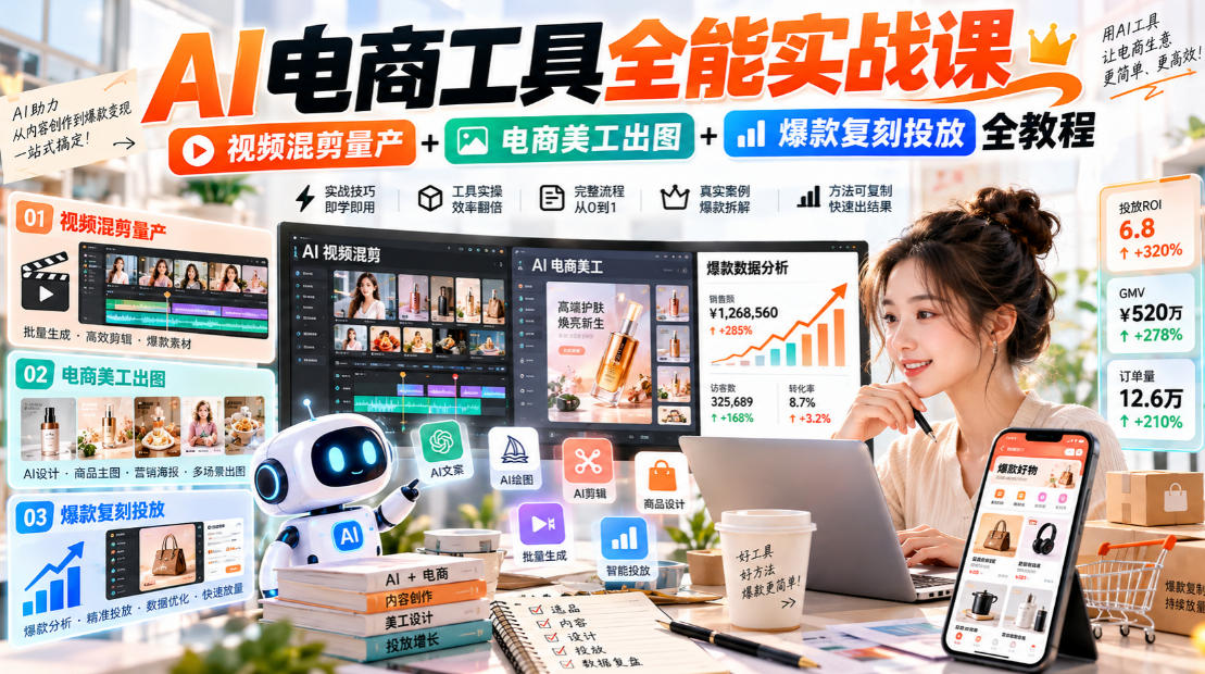 AI电商工具全能实战教学,视频混剪量产+电商美工出图+爆款复刻投放全教程-源创文化